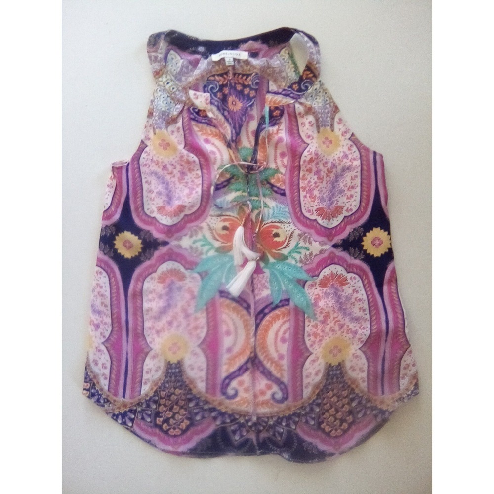 Rose & Olive Paisley Tank Top Sleeveless Tassel Accents Casual Blouse M